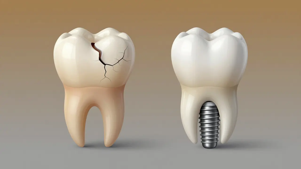 Porovnání poškozeného zubu po kořenové léčbě a nového zubního implantátu.