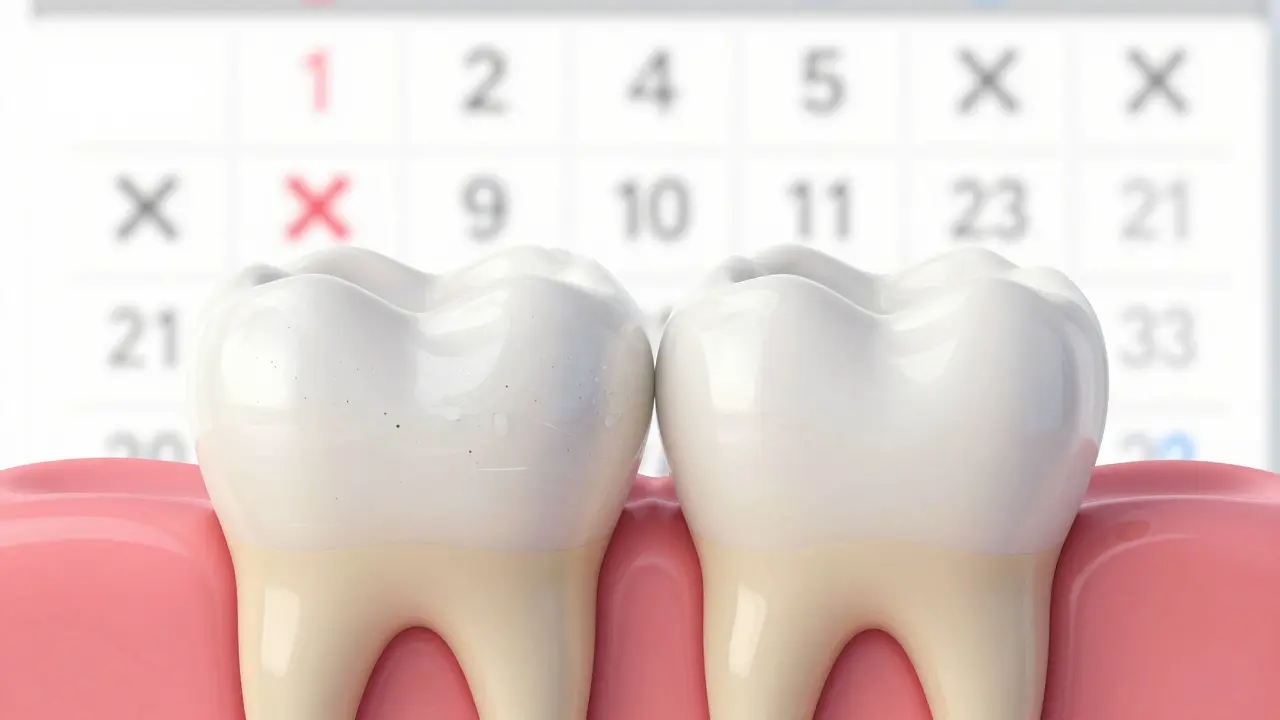 Průřez zubem ukazující opotřebování skloviny při příliš častém používání bělicí pasty.