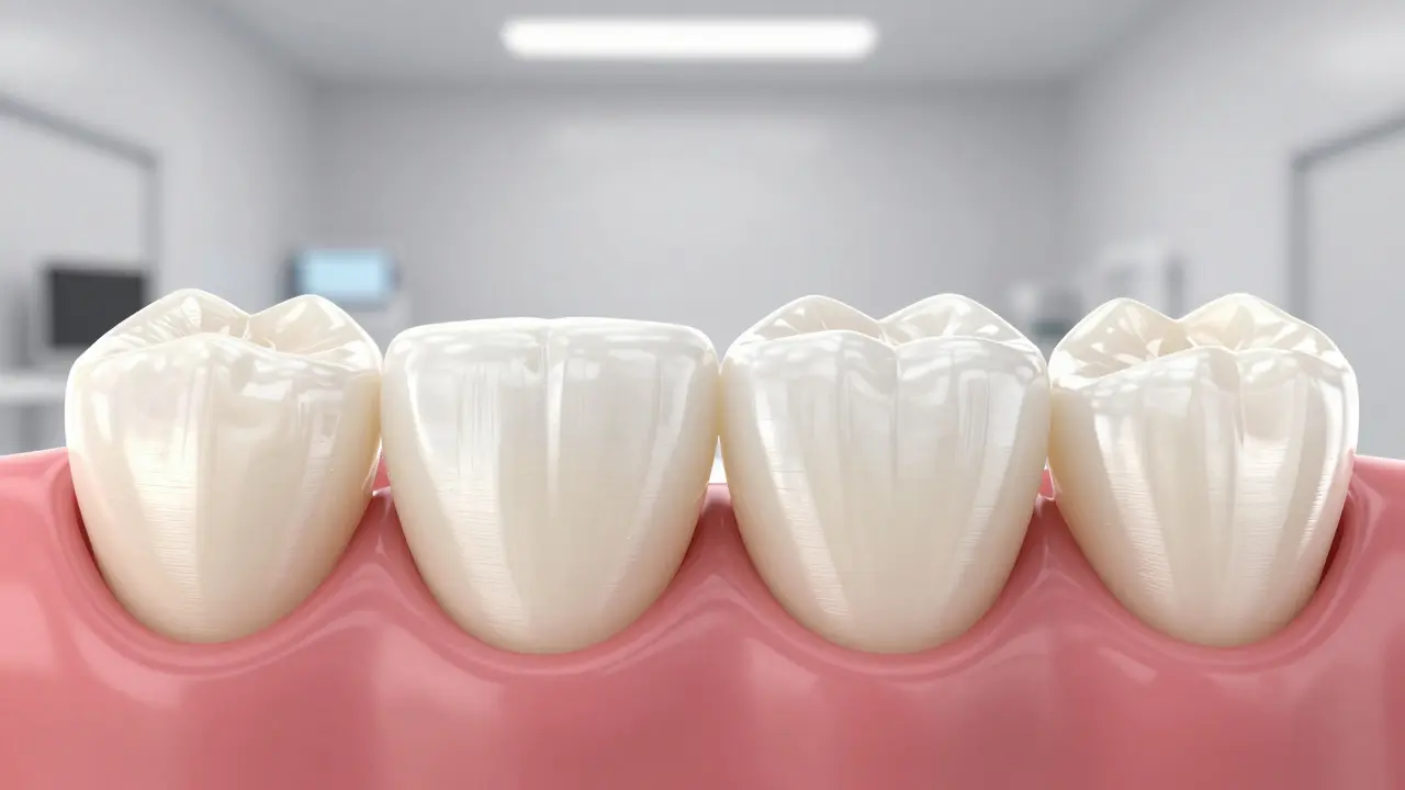 Side-by-side comparison of a natural tooth and a ceramic veneer with identical shine and translucency.