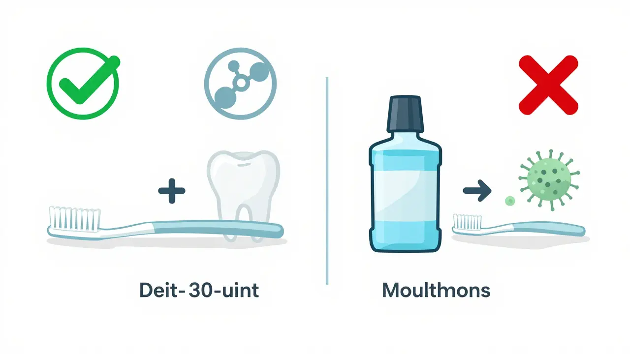Srovnání správného a špatného používání ústní vody pomocí ikon a symbolů bez textu.