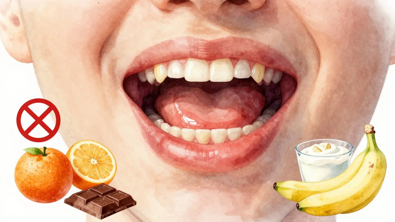 Srovnání zdravých a hojících se dásní s bezpečnými a zakázanými potravinami po kyretáži.