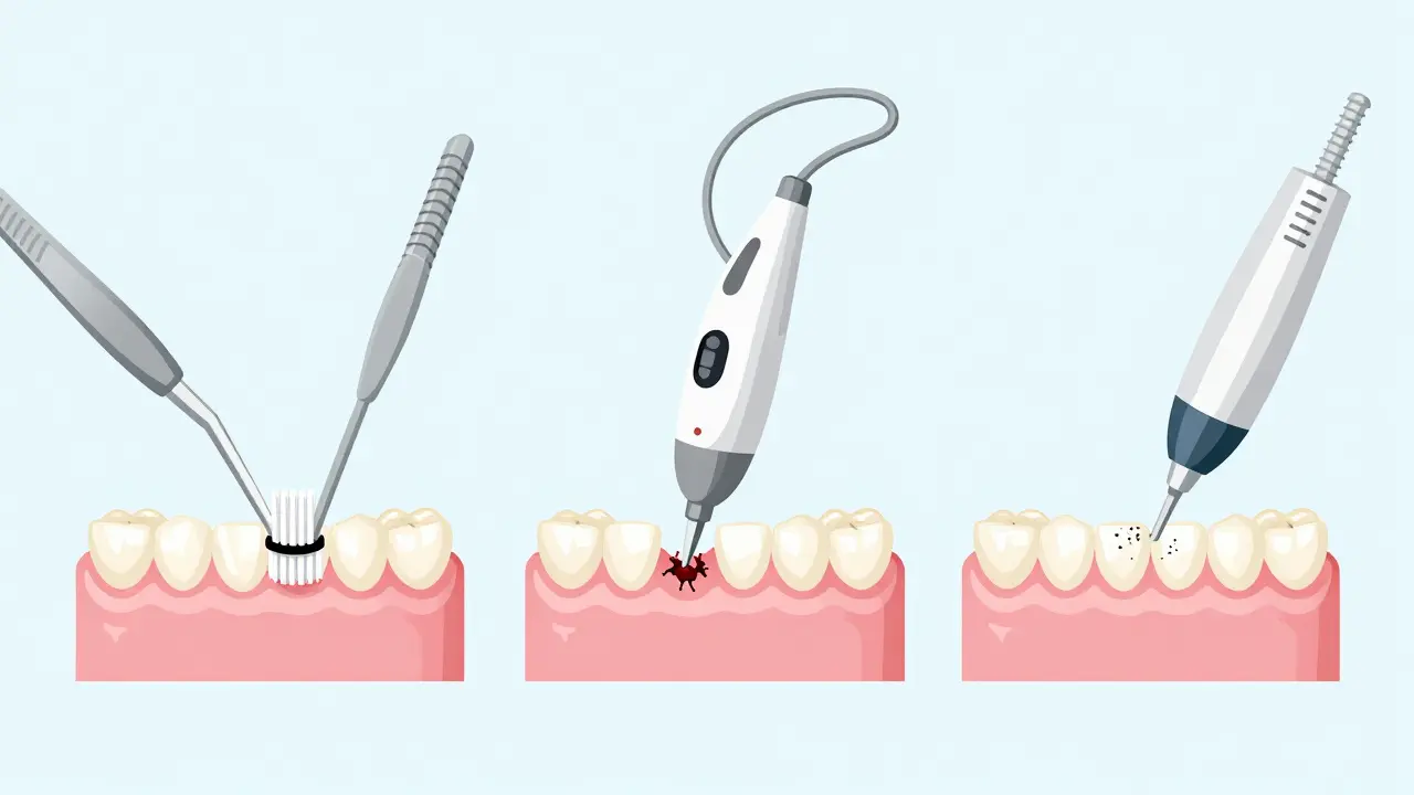 Step-by-step process of removing plaque, tartar, and polishing teeth.