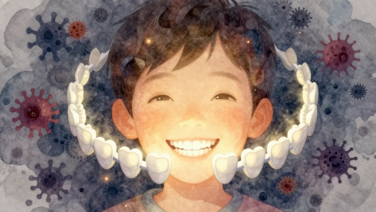 Zdravé zuby dítěte jsou chráněny symbolickými mezizubními kartáčky, zatímco karies ustupuje.