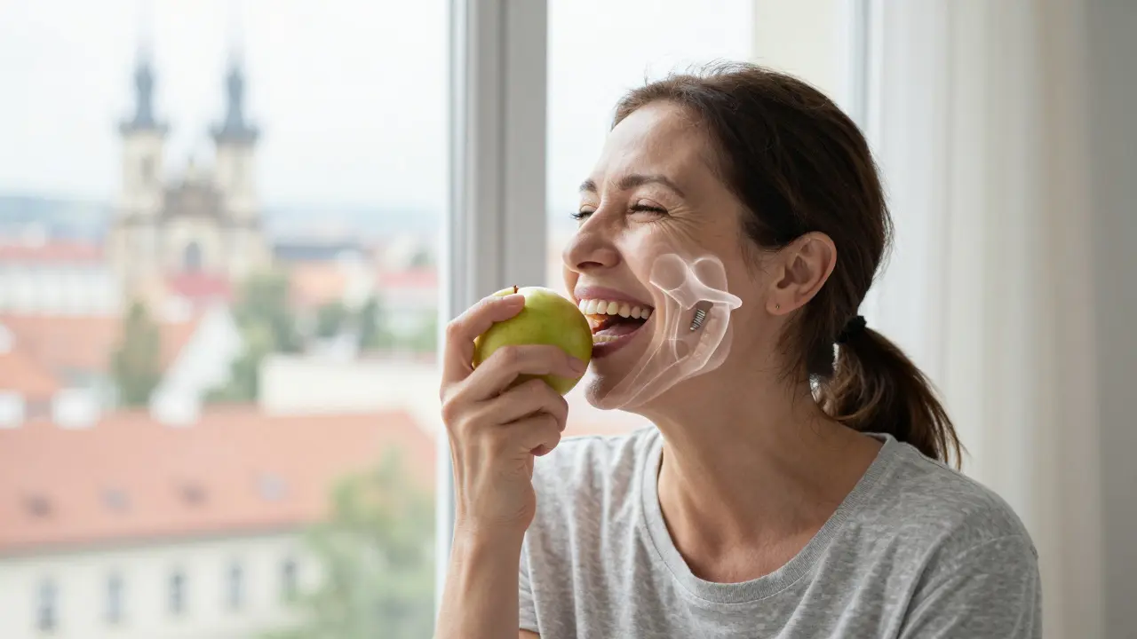 Žena se směje a jí jablko, symbolizující obnovenou schopnost jíst bez bolesti.