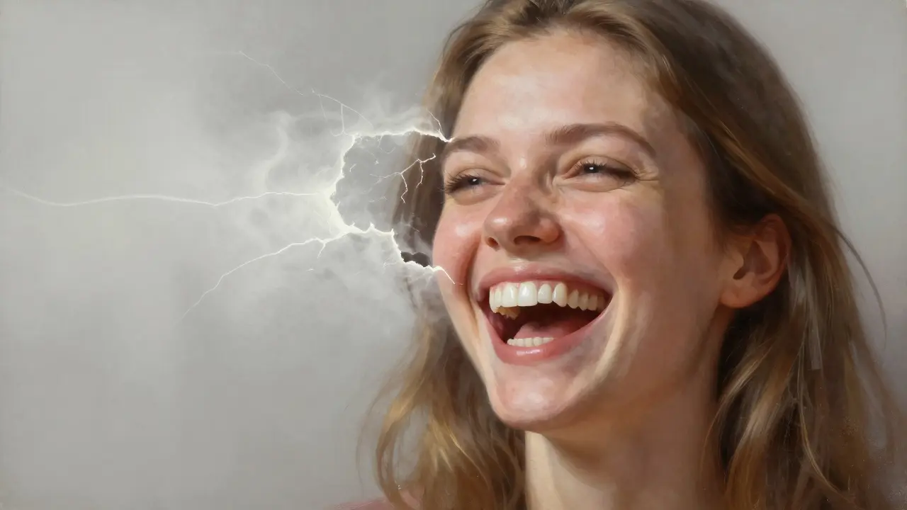 Žena se smíchem, kde jedna polovina obličeje má přirozené zuby, druhá polovina s lesklými fazetami.