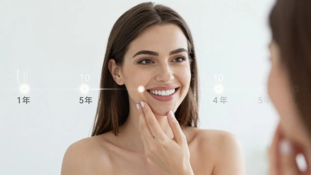 Žena se usmívá do zrcadla s kompozitními fazetami, symbolizující dlouhodobou hodnotu.