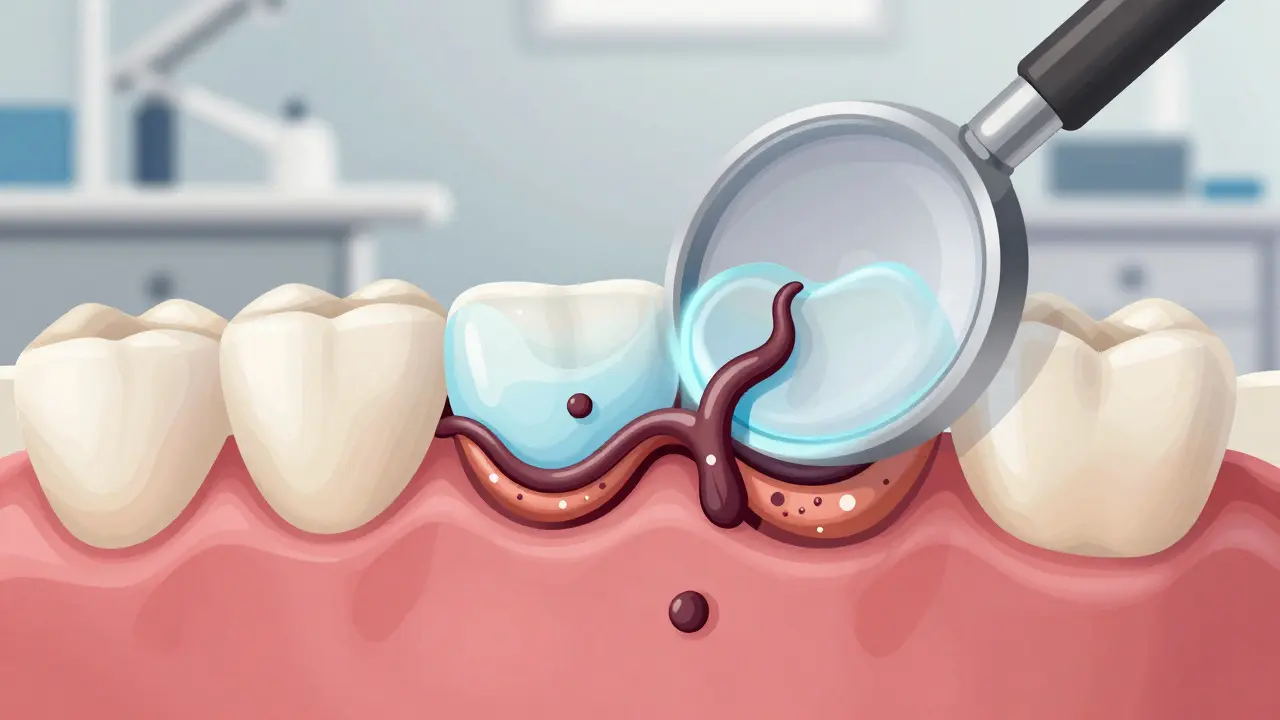 Zub pod mikroskopem s kariésem pod zámkem a fluoridovou ochranou.