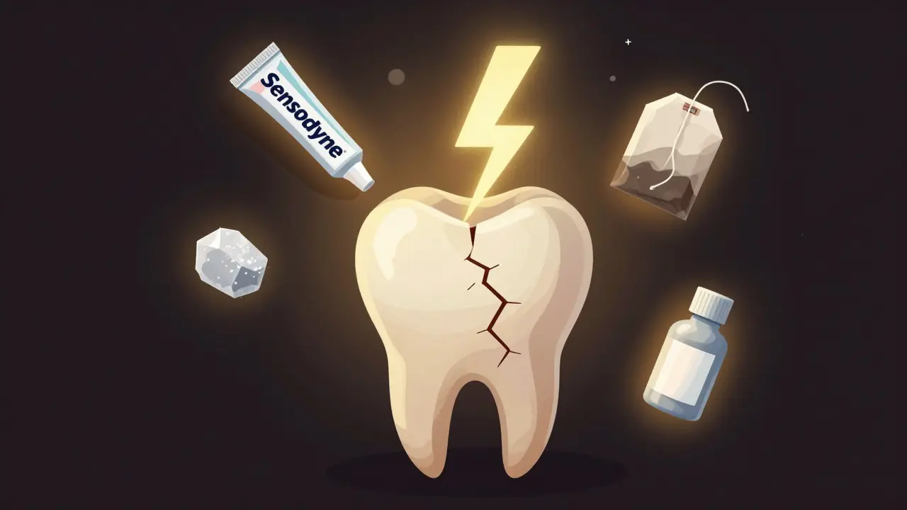 Zub s odhalenými kanálky a přírodními léčivými prostředky kolem.