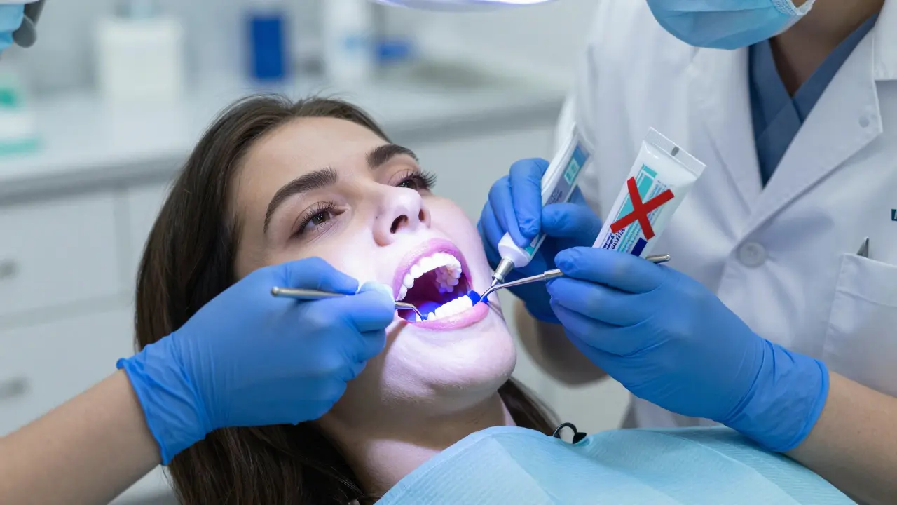 Zubní lékař aplikuje profesionální bělení, zatímco bělicí pasta je označena jako nevhodná alternativa.