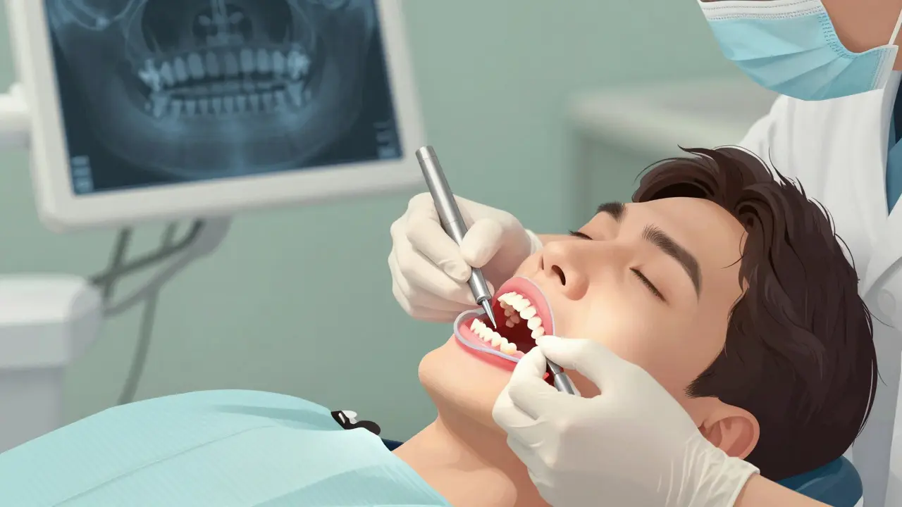 Zubní lékař připevňuje vypadlý zub do dásně pomocí pružného splintu.