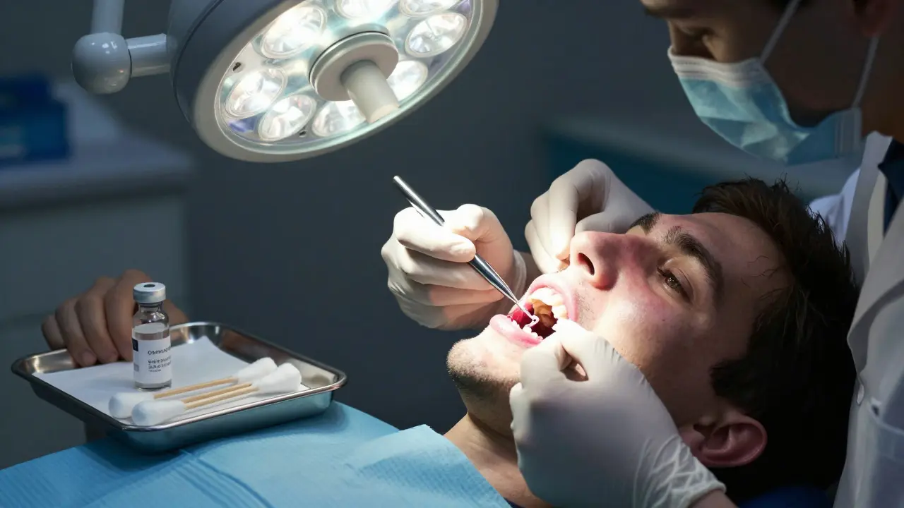 Zubní lékař vkládá dočasnou náplň do poškozeného zubu v nouzové ordinaci.