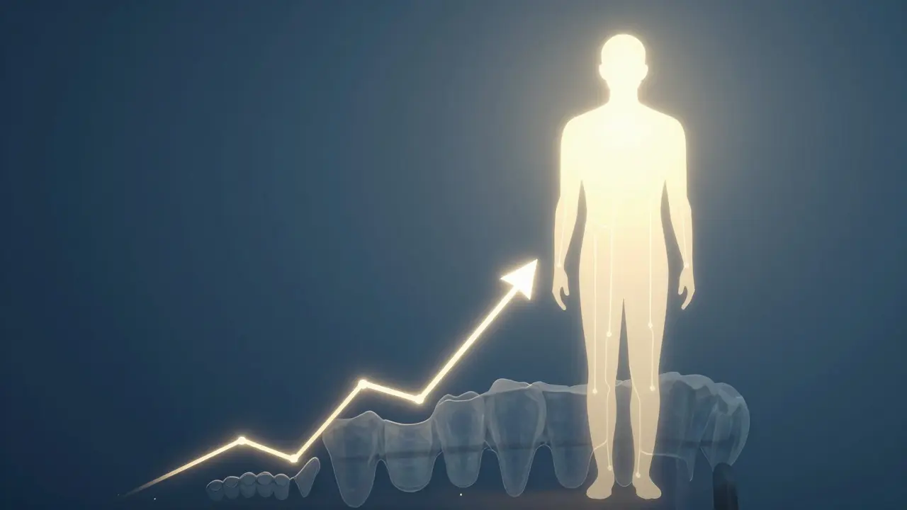 Abstraktní silueta lidí s grafickými cestami úspěchu, podloženými ortodontickými oblouky jako základem růstu.