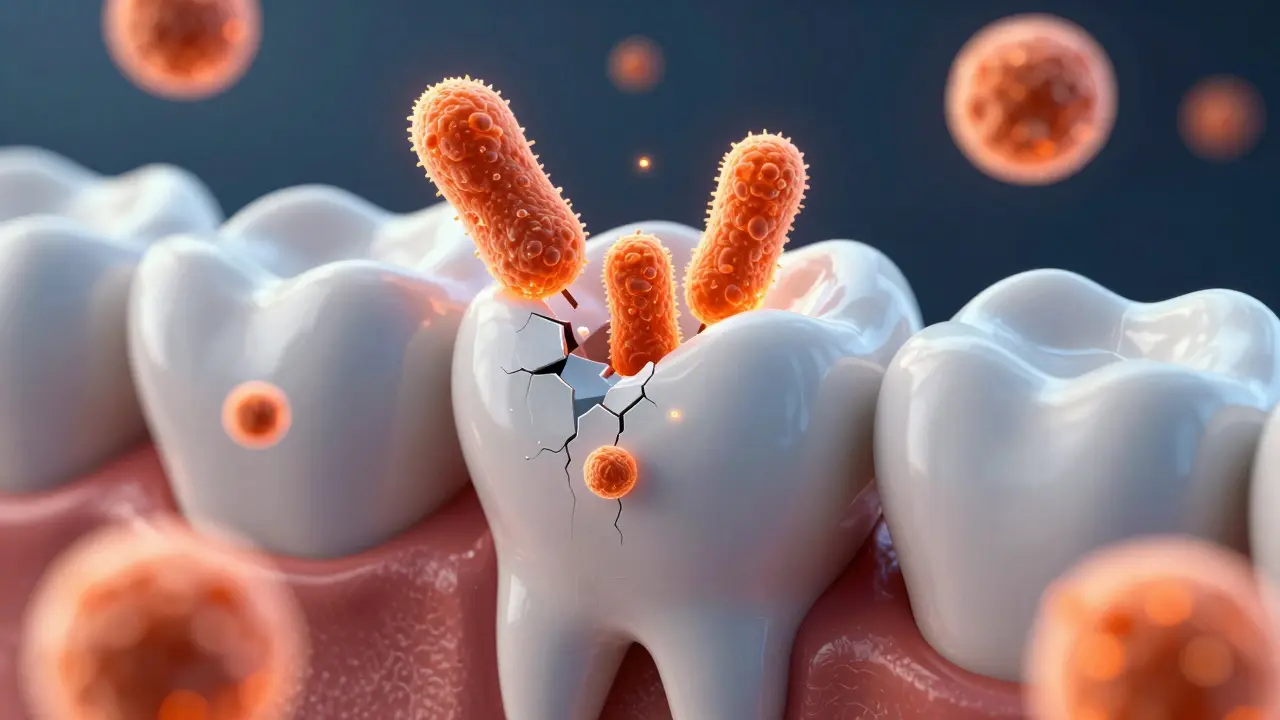 Abstraktní vizualizace bakterií napadajících povrch zubu kyselinou v 3D