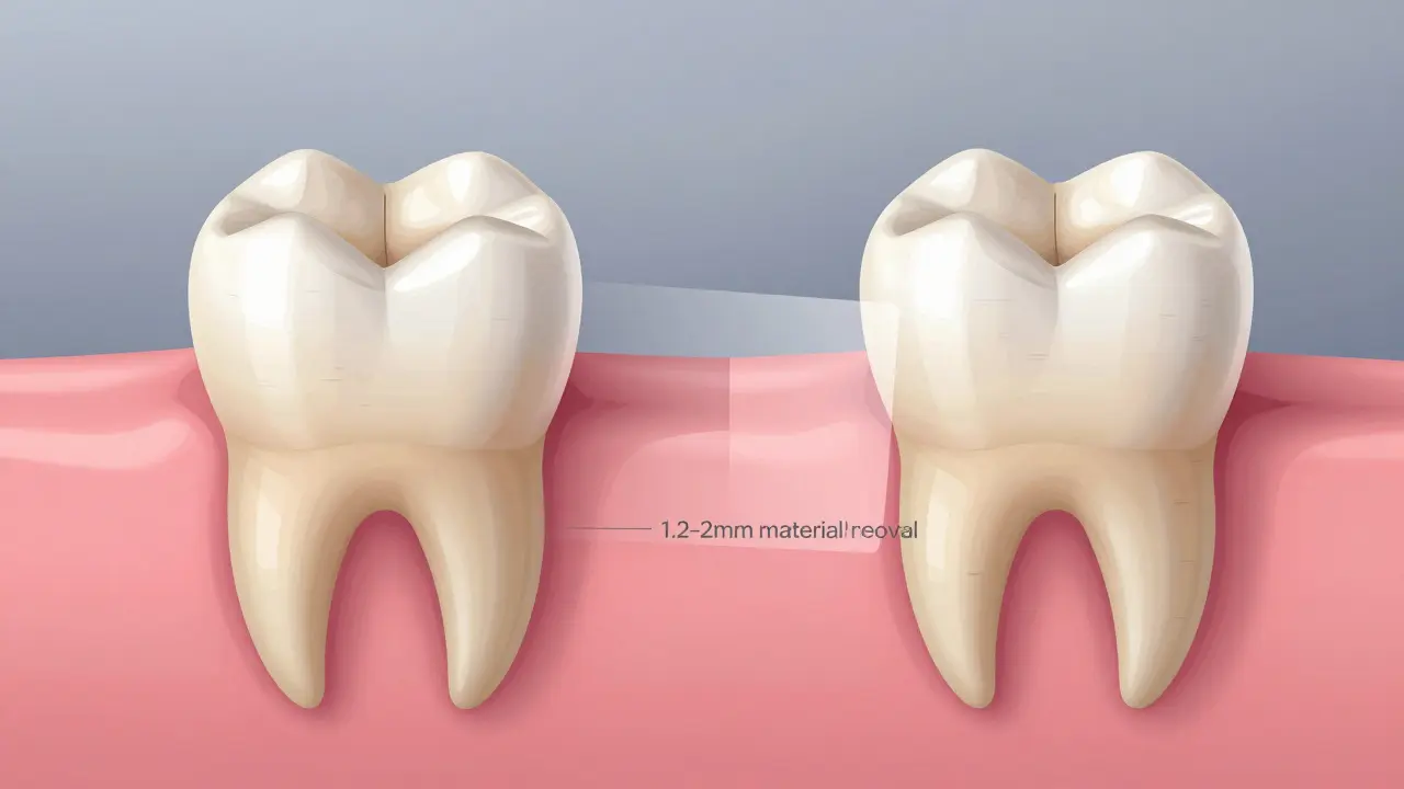 Before and after view of a tooth prepared for metal-ceramic crown, showing uniform reduction of enamel and dentin.