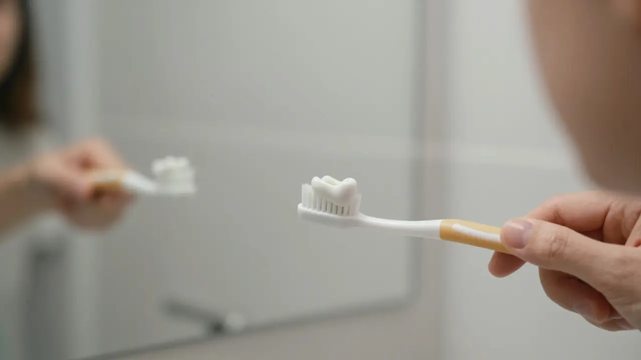 Blízký pohled na člověka, který čistí zuby, s keramickou korunkou neviditelnou od přirozených zubů.