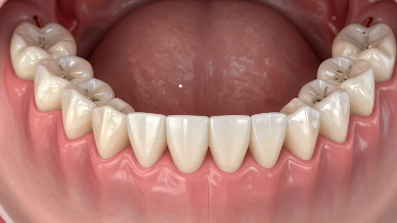 Cross-section of jaw showing inner crowns anchored to teeth and outer prosthesis locking over them without visible clasps.