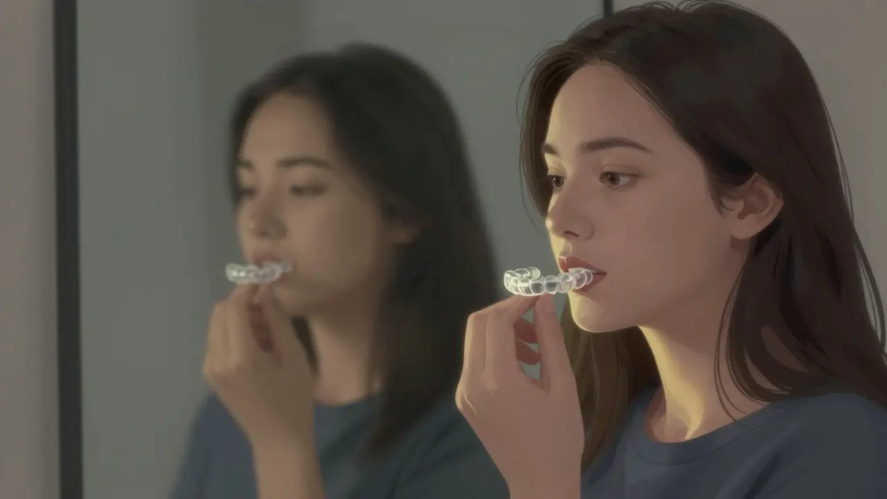 Dospělá osoba před zrcadlem s transparentními rovnátky, představující transformaci od sebevědomí k důvěře.