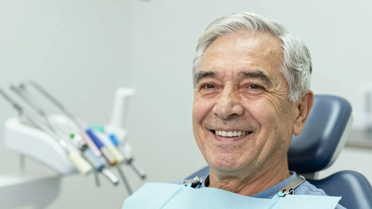 Elderly person smiling confidently with a telescopic prosthesis, no visible metal hooks, natural light highlighting a natural-looking smile.