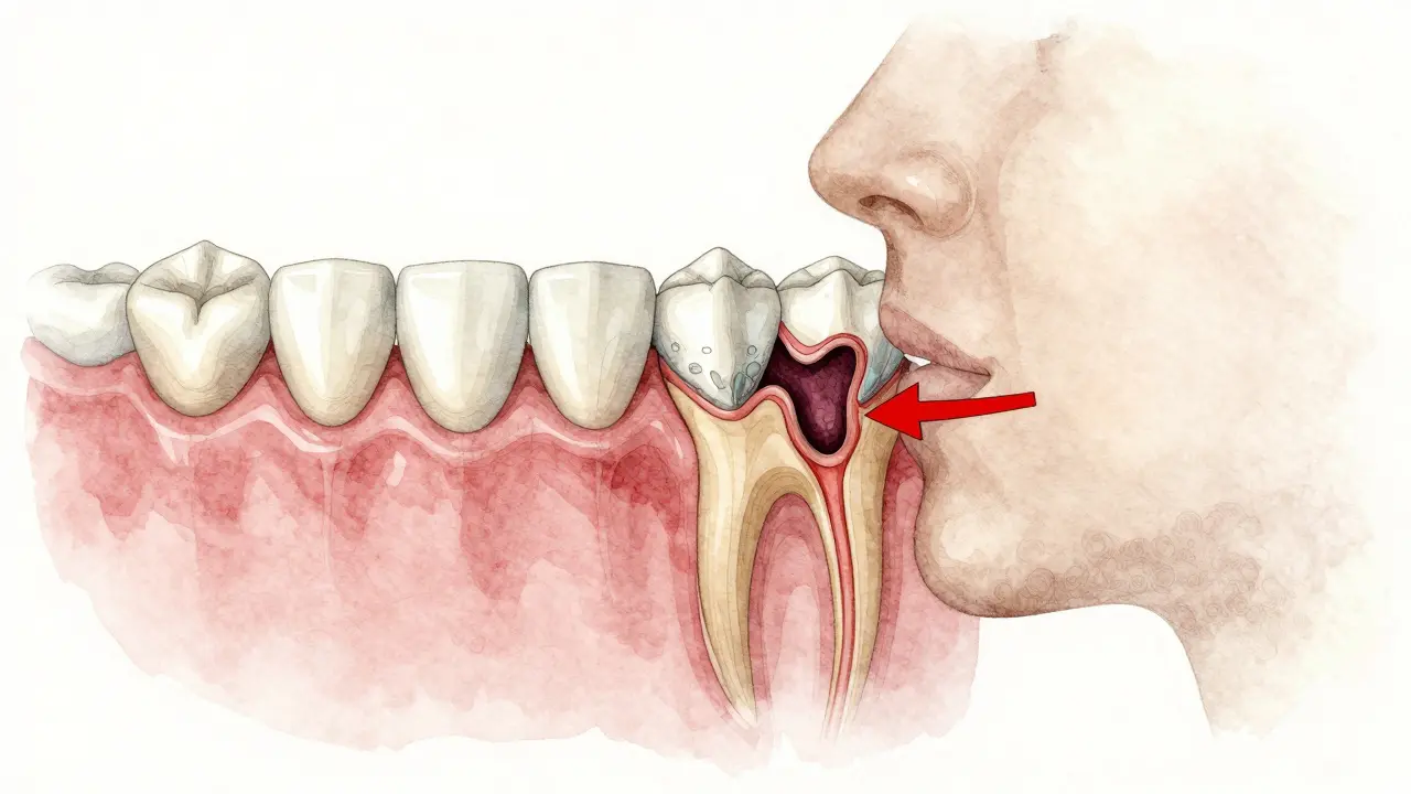 Ilustrace postupu poškození předních zubů: od plaku až po infekci v kořeni, bez textu, sepia a teal barvy.
