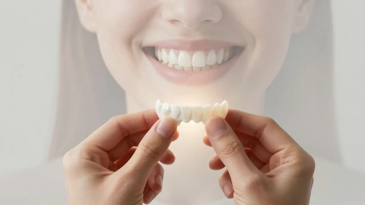 Jedna zubní fazeta v ruce, za ní přechod od poškozeného k úplně novému úsměvu v průhledné vrstvě.