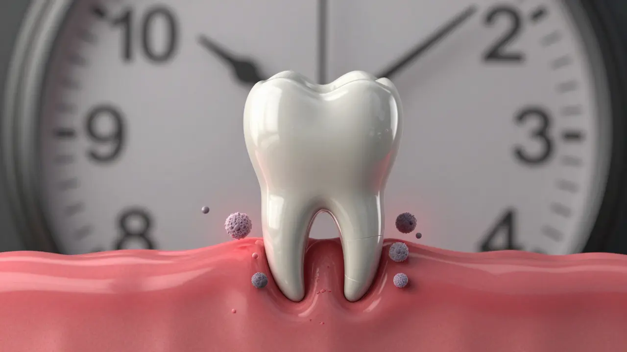 Keramická fazeta nad zničeným kořenem zubu s příznaky infekce a ztráty kosti.