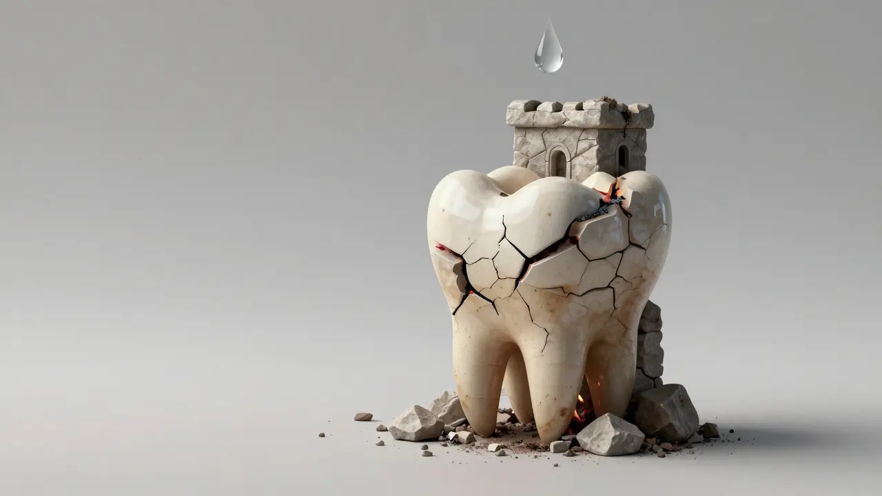 Konzepční obraz zubu jako zhroutivší věže s ohněm kariésu a kapičkou vody jako ochranou.