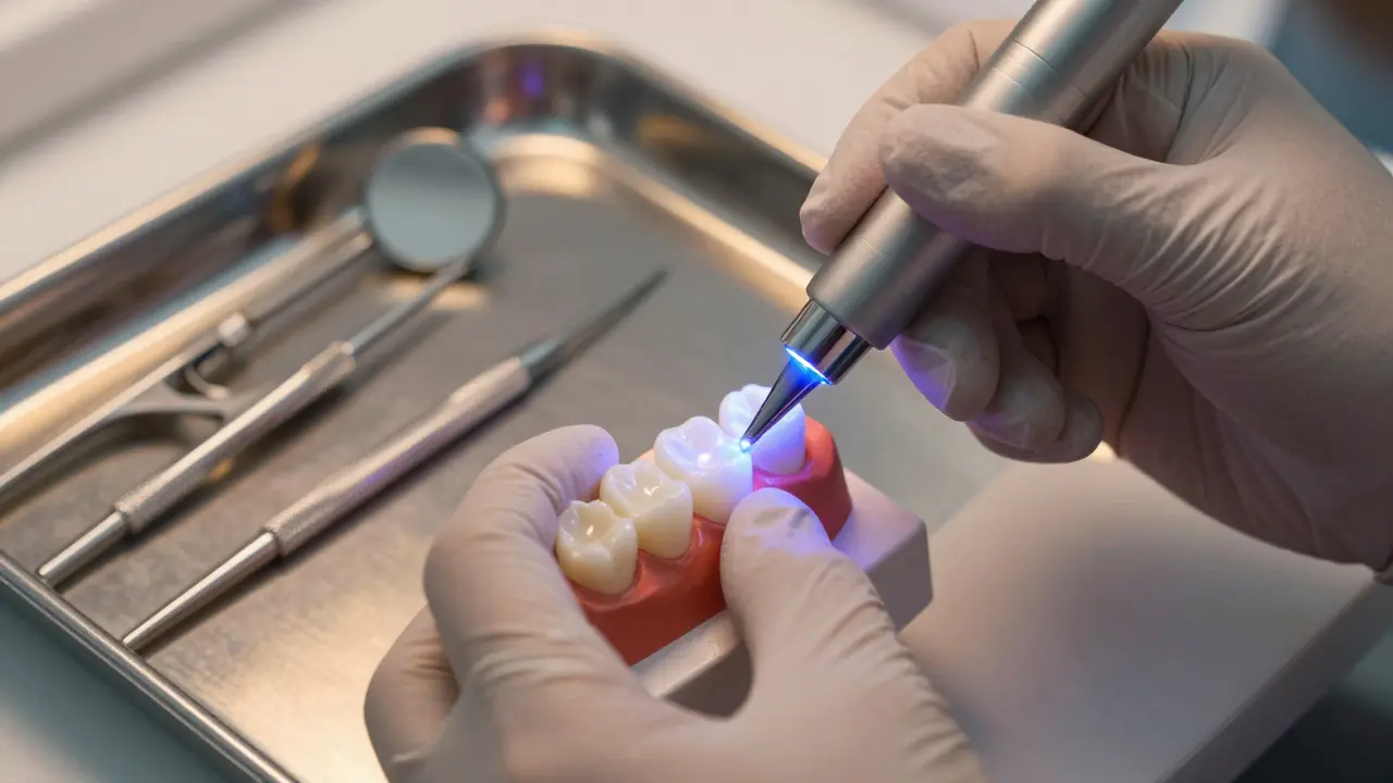 Lékař aplikuje kompozitní výplň na zubní model v ordinaci.