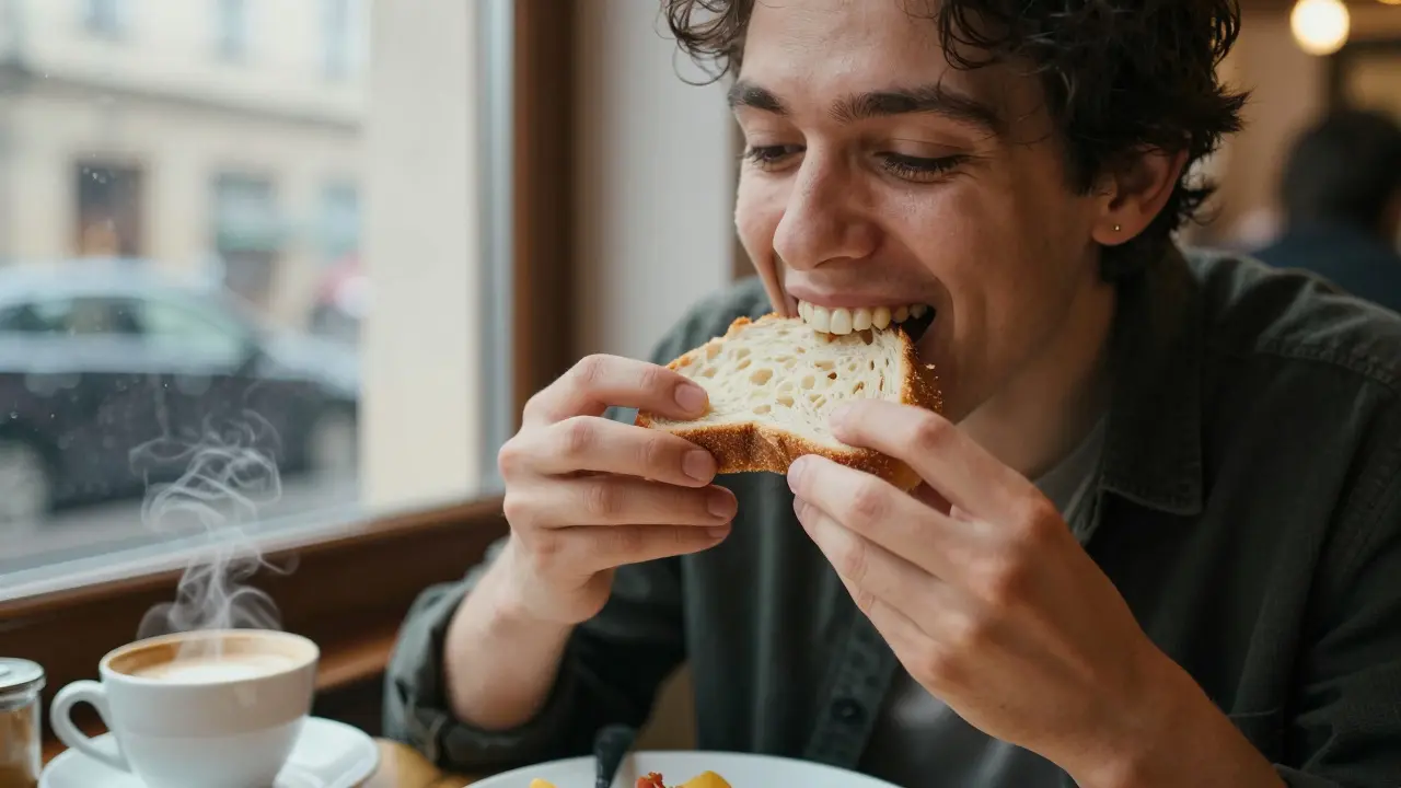 Osoba jí v kavárně s úsměvem, když sní chléb – keramický zub se skvěle integruje do úsměvu.
