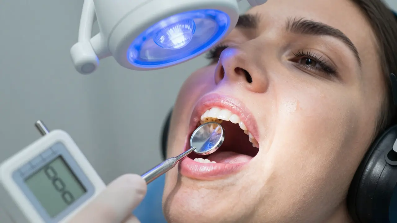 Patient's mouth during crown preparation, showing a burred tooth with digital measuring tool and noise-canceling headphones.