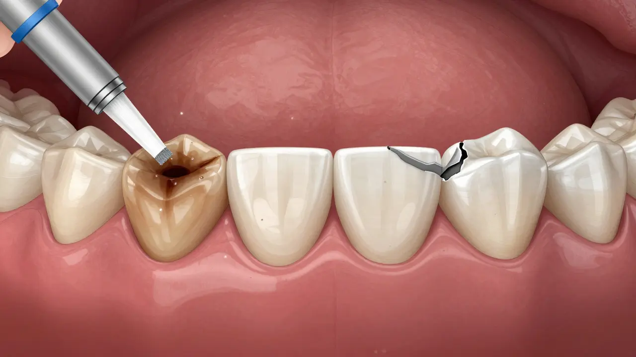 Porovnání ztmaveného zubu s bělícím gelem a poškozeného zubu pokrytého keramickou korunkou.