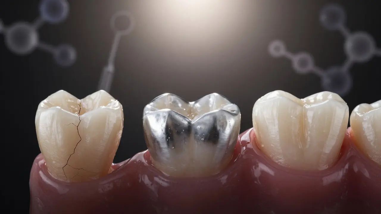 Přechod poškozeného zubu k trvalé zirkoniové korunce, symbolizující obnovu a zdraví.