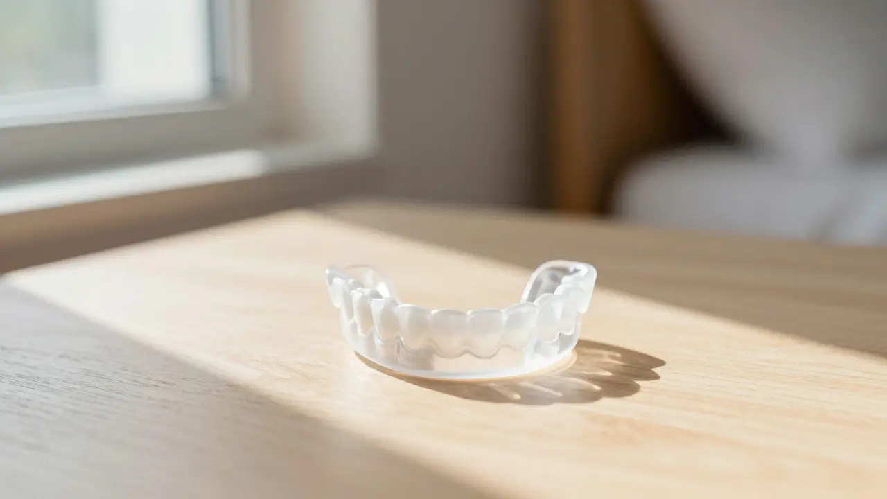 Průhledná ochranná náustnice na ochranu před nočním skřípěním zubů.