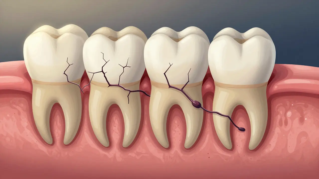 Průřez zubem ukazující postupné pronikání trhliny do nitra zubu a šíření bakterií.
