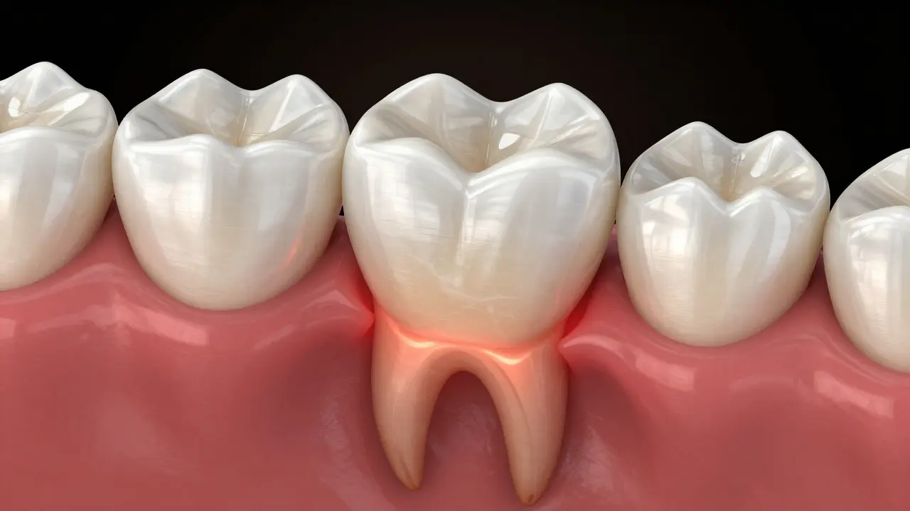 Průřez zubu s e-max korunkou a mírným zánětem kolem kořene.