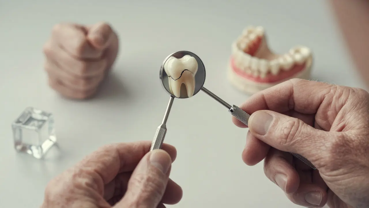 Rukou držící zubní zrcátko, které odráží prasklý zub, symbolizující důsledky opotřebení a zanedbání.