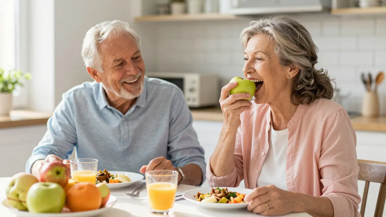 Starší pár jí čerstvé ovoce na kuchyňském stole.
