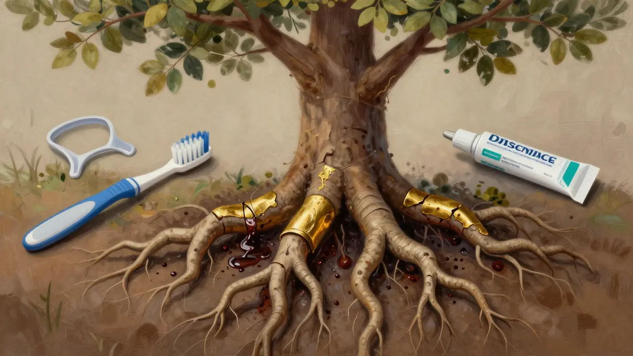 Strom s kořeny tvaru zubů – jeden poškozený, druhý zapečetěný zlatým materiálem.