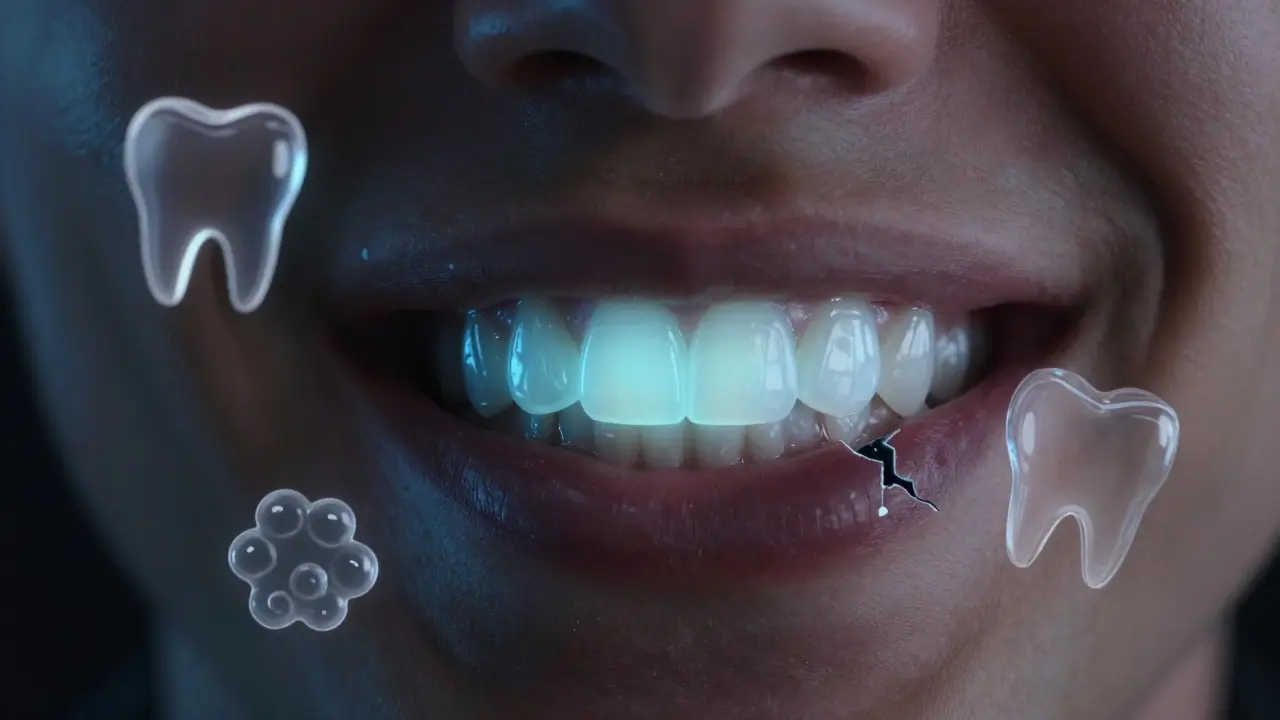 Svítící keramické fazety v úsměvu s významnými rizikovými symboly kolem.