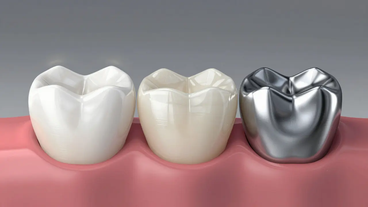 Tři typy zubních korunek – zirkoniová, keramická a kovová – vedle sebe na modelu čelisti.