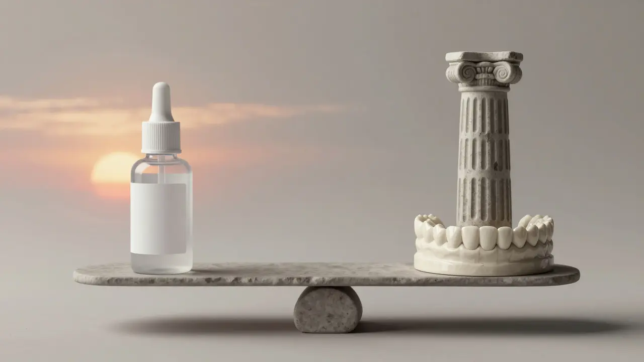 Váha s bělícím gélem na jedné straně a keramickou korunkou na druhé, symbolizující dočasný a trvalý řešení.