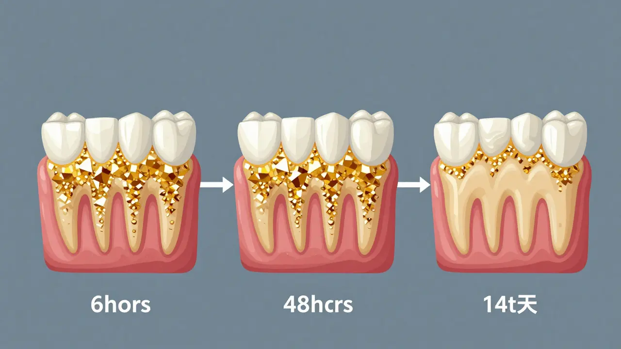Vývoj zubního kamene ve třech fázích: plak, předkámen a plný kámen