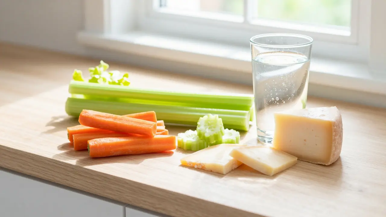 Zdravá jídla jako mrkev a sýr na stole s vodou pro prevenci zubního kazu