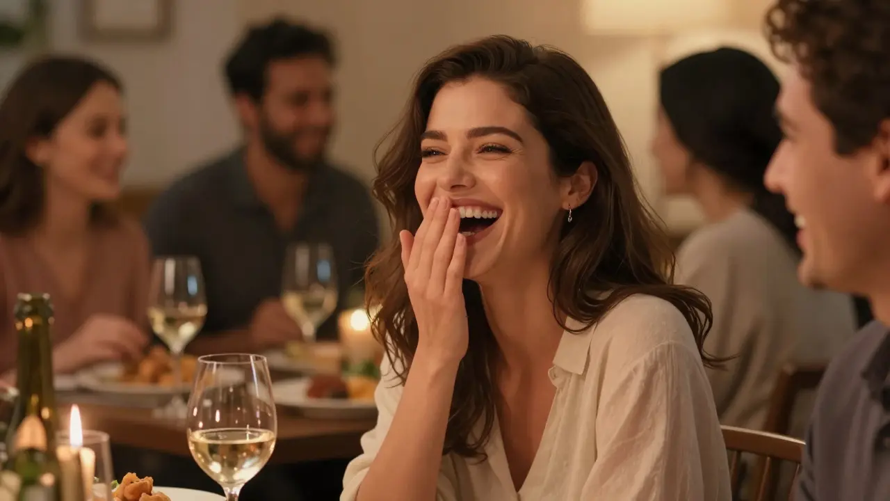 Žena směje se na večerku, její nový úsměv je přirozený a bez obav, ostatní kolem se také usmívají.