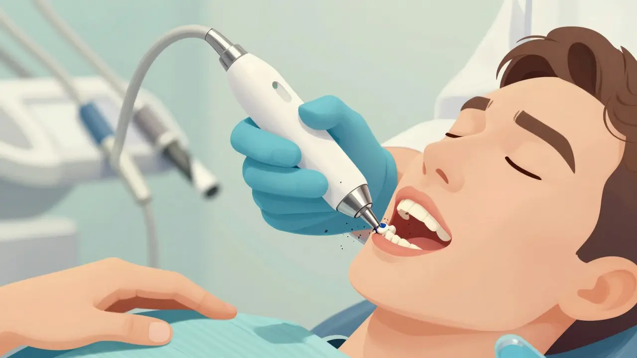 Zubní hygienička odstraňuje zubní kámen ultrazvukovým čističem.