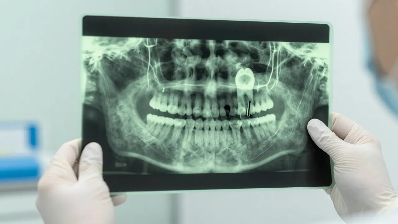 Zubní lékař prohlíží rentgenový snímek s ukrytou infekcí pod fazetou.