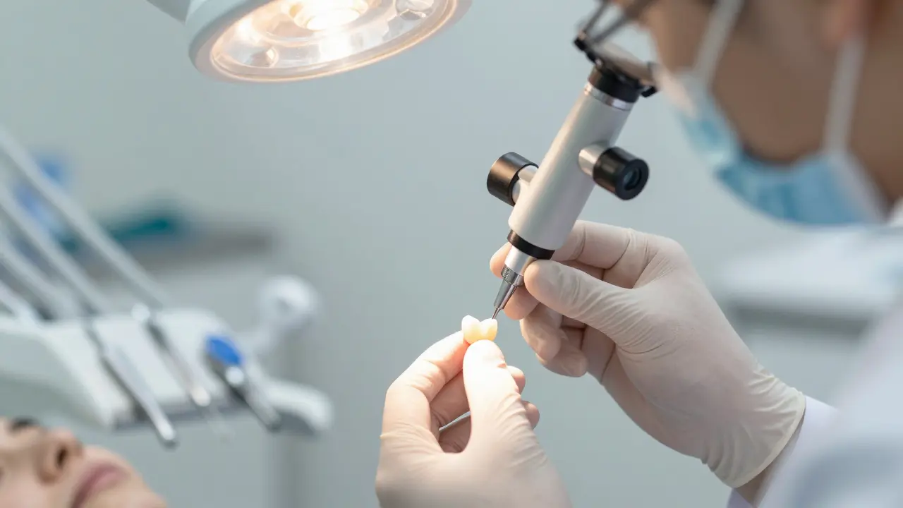 Zubní lékař prohlíží zubní fazetu pomocí lupy v klinice.