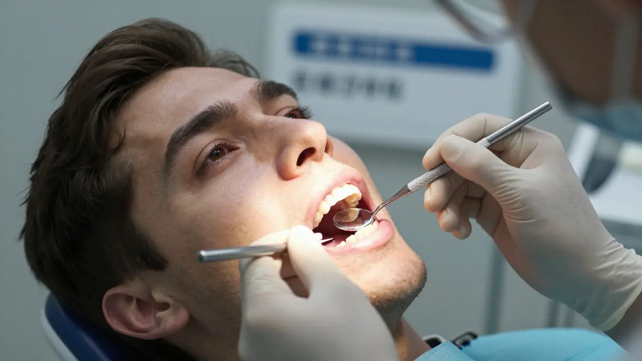 Zubní lékař vyšetřuje přední zuby pacienta s malým ztmavením zubu, teplé osvětlení, klinické prostředí.