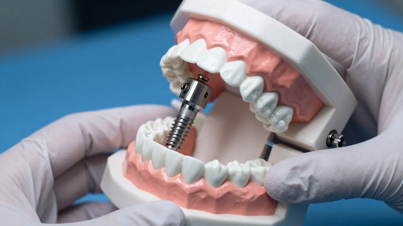 Zubní technik drží model čelisti s implantáty.