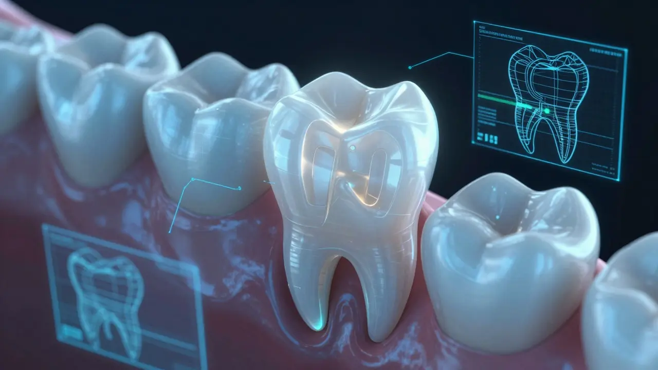 3D model zubu s digitálně navrženou keramickou onlay.