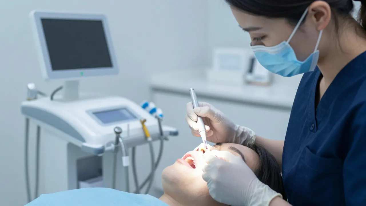 Aplikace fluoridu na citlivé zuby u stomatologa